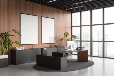 Téléchargez les photos : Stylish business interior desk and pc computer, side view, panoramic window on city view. Workplace with cabinet and decor. Two mockup canvas posters. 3D rendering - en image libre de droit