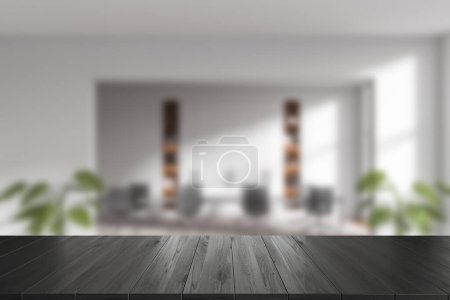 Téléchargez les photos : Black empty wooden desk for mockup product display, blurred conference room interior with decoration. Meeting area in business company. 3D rendering - en image libre de droit