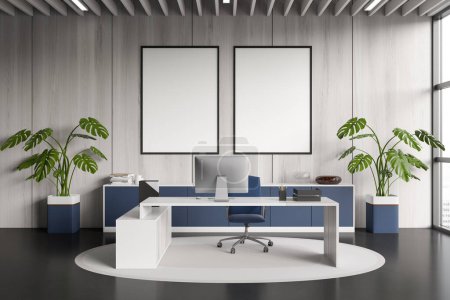 Photo for Front view on bright office room interior with two empty white posters, desktop, armchair, panoramic window, concrete floor, carpet, sideboard. Concept of director workspace. Mock up. 3d rendering - Royalty Free Image
