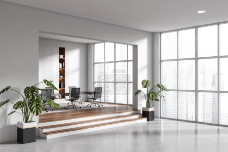 Téléchargez les photos : Corner view on bright office room interior with armchairs, meeting board, panoramic window, concrete floor, plants, podium, wardrobe. Concept of company, firm, meeting space. 3d rendering - en image libre de droit