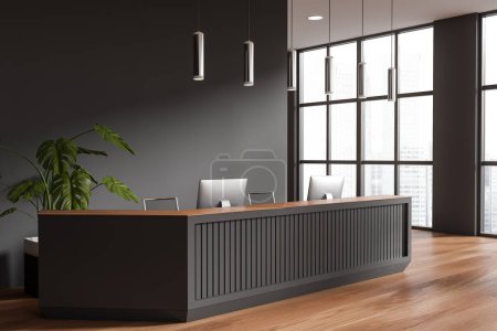Photo for Corner view on dark office room interior with reception, desktops, desk, armchair, panoramic window with city view, oak wooden floor, plant. Concept of company, firm, meeting space. 3d rendering - Royalty Free Image