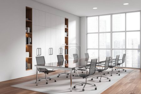 Foto de White conference room interior with armchairs and board, side view cabinet with documents on carpet, hardwood floor. Panoramic window on skyscrapers. 3D rendering - Imagen libre de derechos