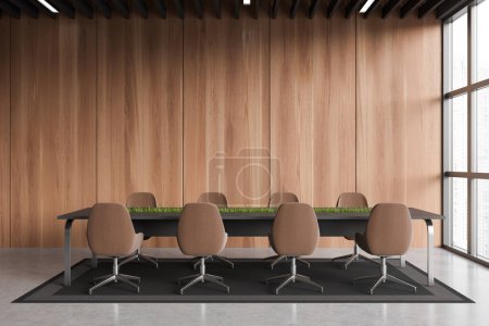 Téléchargez les photos : Front view on dark office room interior with conference board, armchairs, panoramic window with Singapore view, concrete floor. Concept of company, firm, meeting space. 3d rendering - en image libre de droit