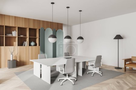 Photo for Corner view on bright office room interior with conference board, armchairs, carpet, partition, wardrobe with books, white wall, hardwood floor. Concept of company, firm, meeting space. 3d rendering - Royalty Free Image