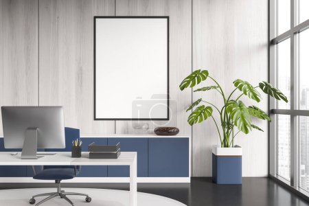 Photo for Front view on bright office room interior with empty white poster, desktop, armchair, panoramic window with city view, concrete floor. Concept of company, director workspace. Mock up. 3d rendering - Royalty Free Image