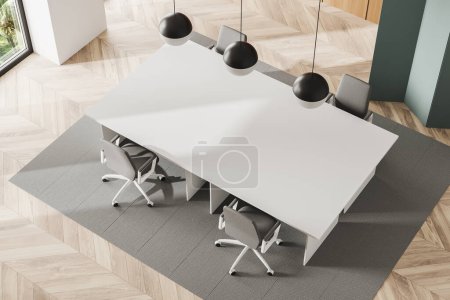 Photo for Top view of business room interior with armchairs, carpet on hardwood floor. Office meeting corner with panoramic window. 3D rendering - Royalty Free Image