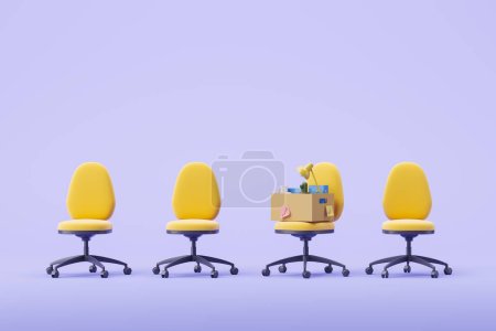 Foto de Yellow office armchairs and cardboard box with office supplies, empty purple background. Concept of firing and quitting. Copy space. 3D rendering - Imagen libre de derechos