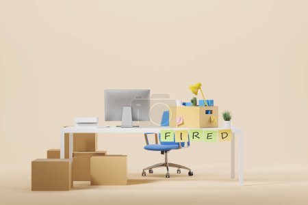 Photo for Workplace with pc computer and packed cardboard boxes on the floor, employee stuff with stickers on beige empty background. Concept of fired. Copy space. 3D rendering - Royalty Free Image