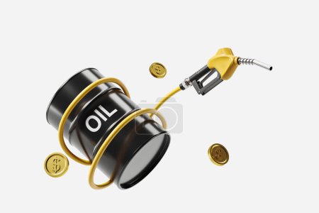 Foto de Black oil barrel and fuel pump nozzle with falling gold coins, white background. Concept of gasoline and rising price. 3D rendering - Imagen libre de derechos