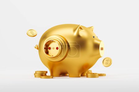 Foto de Gold piggy bank and electrical socket, falling coins on light background. Concept of electricity and high price. 3D rendering - Imagen libre de derechos