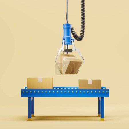 Robotic arm grabbing a cardboard box from conveyor belt, beige background. Concept of delivery and automation. 3D rendering