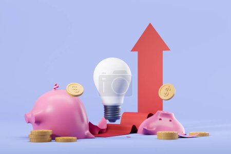 Photo for Electrical lamp and broken piggy bank with coins, red arrow rising. Concept of high price and electricity. 3D rendering - Royalty Free Image