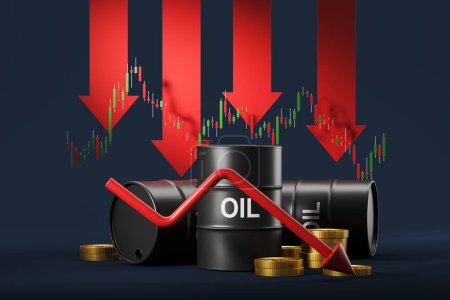 Téléchargez les photos : Oil barrel container and stack of coins, falling red arrow and stock market candlesticks dynamics. Concept of prices drop and crisis. 3D rendering - en image libre de droit