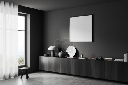 Téléchargez les photos : Dark living room interior with stool, dresser and art decoration, side view panoramic window on countryside. Mockup canvas poster. 3D rendering - en image libre de droit