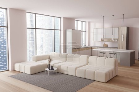 Foto de Top view of luxury studio interior with sofa on carpet, side view bar island with stool and cooking corner with shelves. Panoramic window on skyscrapers. 3D rendering - Imagen libre de derechos
