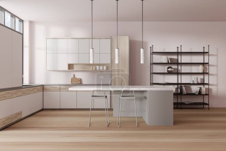 Photo for Front view on bright kitchen room interior with island, barstools, cupboard, white wall, oak wooden hardwood floor, shelves with books, cooking inventory. Concept of minimalist design. 3d rendering - Royalty Free Image