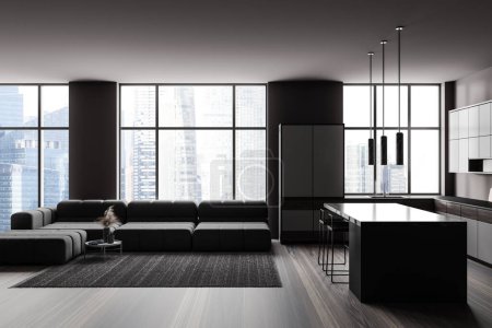 Photo for Side view on dark studio interior with island, sofa, barstools, cupboard, grey wall, oak wooden hardwood floor, panoramic window, cooking inventory. Concept of minimalist design. 3d rendering - Royalty Free Image