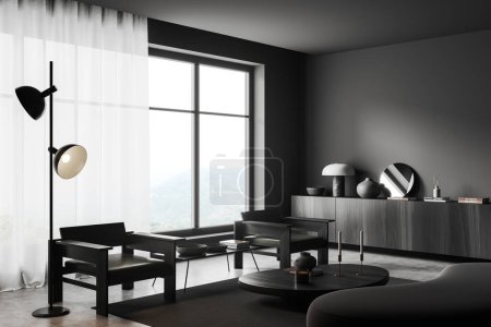 Téléchargez les photos : Dark living room interior with sofa and armchairs, side view dresser with decoration. Panoramic window with tulle on countryside. Mockup copy space wall. 3D rendering - en image libre de droit