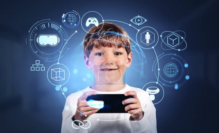 Foto de Child boy using phone, metaverse hologram with different glowing icons. Online education and gaming in virtual reality. Concept of development and learning - Imagen libre de derechos