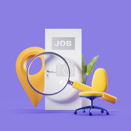 Door with job signboard, large yellow location mark and magnifying glass with office armchair. Concept of job search. 3D rendering