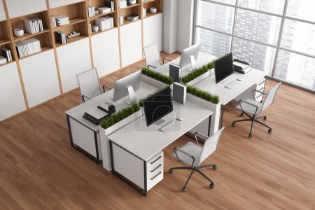Téléchargez les photos : Top view of white business interior with armchairs and pc computer, hardwood floor. Office corner and panoramic window on skyscrapers. 3D rendering - en image libre de droit