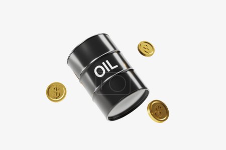 Téléchargez les photos : Black oil barrel and falling gold coins on white background. Concept of gasoline and price. 3D rendering - en image libre de droit