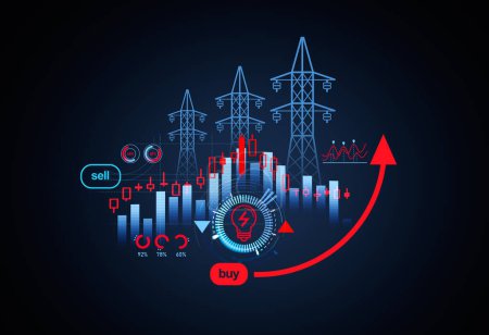 Téléchargez les photos : Radio towers and red candlesticks with rising line. Electricity price increase and data analysis hologram. Concept of energy and crisis. 3D rendering - en image libre de droit