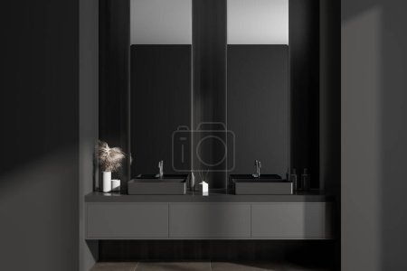 Photo for Front view on dark bathroom interior with double sink, two large mirrors with reflection, grey walls, liquid soap, tile floor. Concept of water treatment. 3d rendering - Royalty Free Image