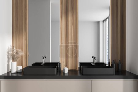 Téléchargez les photos : White bathroom interior with double sink and dresser. Two mirrors with bathing accessories and panoramic window on skyscrapers. 3D rendering - en image libre de droit