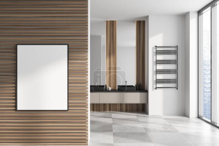 Photo for Light bathroom interior with double sink, dresser and grey concrete tile floor. Panoramic window on skyscrapers. Mockup canvas poster on partition. 3D rendering - Royalty Free Image