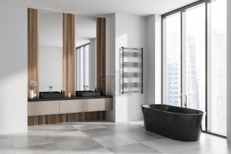 Photo for White bathroom interior with bathtub and double sink with dresser, side view. Bathing corner with modern furniture and towel ladder. Panoramic window on skyscrapers. 3D rendering - Royalty Free Image