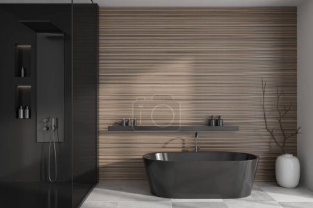 Photo for Dark bathroom interior with bathtub and shower, vase on grey tile concrete floor. Bathing corner with modern furniture. Copy space wooden wall. 3D rendering - Royalty Free Image