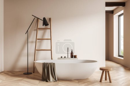 Photo for Front view on bright bathroom interior with large bathtub, window, white walls, stool, shelf with shampoo, towel, oak wooden hardwood floor. Concept of water treatment. 3d rendering - Royalty Free Image