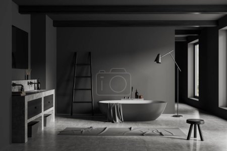 Photo for Front view on dark bathroom interior with large bathtub, double sink, mirror, window, grey walls, stool, carpet, shelf with shampoo, towel, concrete floor. Concept of water treatment. 3d rendering - Royalty Free Image