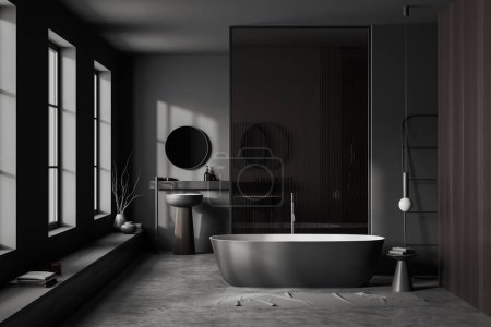 Photo for Dark bathroom interior with bathtub and glass partition, double sink with accessories. Bathing area with panoramic window. 3D rendering - Royalty Free Image