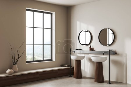 Photo for Corner view on bright bathroom interior with double sink, two round mirrors, window, white walls, liquid soap, concrete tile floor. Concept of water treatment. 3d rendering - Royalty Free Image