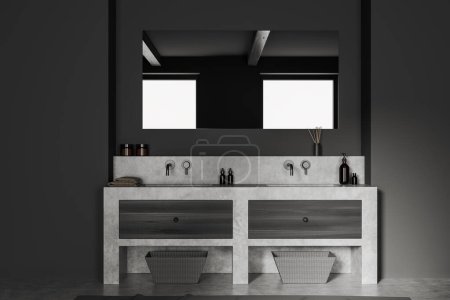 Foto de Dark bathroom interior with double sink and mirror, grey concrete floor. Stylish washbasin in modern hotel studio with panoramic window. 3D rendering - Imagen libre de derechos