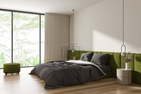 Foto de Corner view on bright bedroom interior with bed, bedsides, cupboard, panoramic window, hardwood floor, white wall. Concept of minimalist design. Space for chill and relaxation. 3d rendering - Imagen libre de derechos