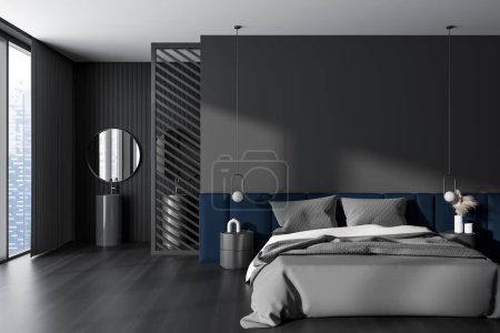 Téléchargez les photos : Dark bedroom interior with bed and decoration, double sink and panoramic window on skyscrapers. Mock up copy space empty wall. 3D rendering - en image libre de droit