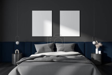 Photo for Dark bedroom interior bed with nightstand and decoration, lamps and black hardwood floor. Two mock up canvas posters in row. 3D rendering - Royalty Free Image