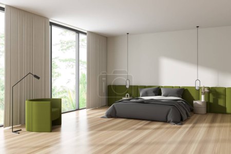 Photo for Light bedroom interior bed and nightstand with decor, side view pouf chair on hardwood floor. Sleeping corner with panoramic window on tropics. Mockup copy space wall. 3D rendering - Royalty Free Image