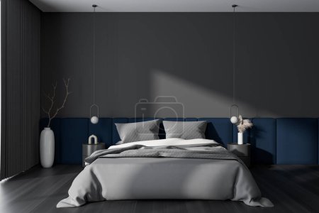 Téléchargez les photos : Dark bedroom interior bed and nightstand with decor, black hardwood floor. Sleeping area with curtains and lamps. Mock up copy space wall. 3D rendering - en image libre de droit