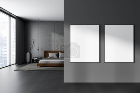 Téléchargez les photos : Front view on dark bedroom interior with two empty white posters, bed, window, oak wooden floor, grey wall. Concept of minimalist design. Space for chill and relaxation. Mock up. 3d rendering - en image libre de droit