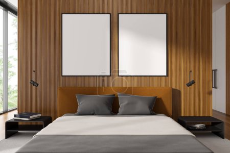 Téléchargez les photos : Wooden bedroom interior bed and nightstand with minimalist decoration, carpet on hardwood floor. Panoramic window on tropics. Two mock up canvas posters. 3D rendering - en image libre de droit