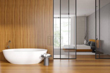 Téléchargez les photos : Side view on bright studio interior with bed, panoramic window, bathtub, glass partition, bedsides, wooden floor, white wall. Concept of minimalist design. Space for chill and relaxation. 3d rendering - en image libre de droit