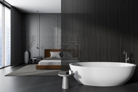 Téléchargez les photos : Front view on dark studio room interior with bed, panoramic window, bathtub, partition, bedsides, wooden floor, grey wall. Concept of minimalist design. Space for chill and relaxation. 3d rendering - en image libre de droit