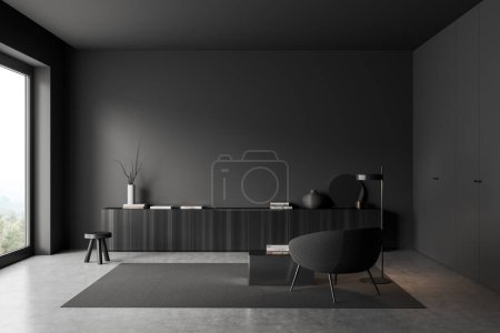 Foto de Dark living room interior with armchair, dresser and art decoration, panoramic window on countryside. Mockup copy space wall, 3D rendering - Imagen libre de derechos