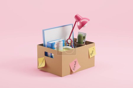 Photo for Cardboard box with office supplies on pink background. Concept of fired and dismissed. 3D rendering - Royalty Free Image