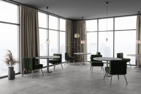 Photo for Modern cafe interior with chairs and round table with decoration, side view on grey concrete floor. Dining corner and panoramic window on skyscrapers. 3D rendering - Royalty Free Image