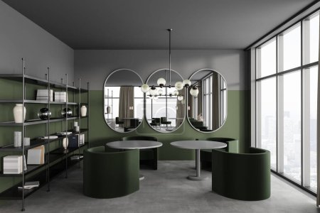 Foto de Dark green cafe interior with armchairs and round table, shelf with art decoration on grey concrete floor. Panoramic window on Paris city view. 3D rendering - Imagen libre de derechos